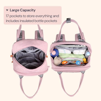 BabbleRoo Diaper Bag Backpack - Baby Essentials Travel Tote - Multi function Water Resistant Diaper Bag, Travel Essentials Baby Bag with Changing Pad, Stroller Straps & Pacifier Case - Unisex, Pink - color: Pink, size: Large