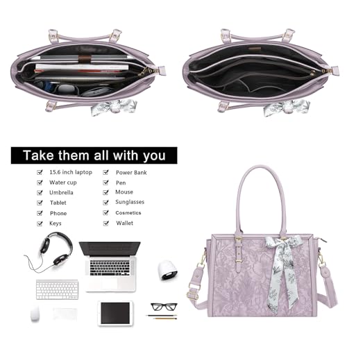 MOSISO Laptop Bag for Women, 15.6-16 inch PU Leather Tote Bag Compatible with MacBook, HP, Dell, Asus Notebook, Front Embossed Retro Hibiscus Computer Bags with Silk Scarf&Clutch Purse, Dusty Lilac - color: Dusty Lilac, size: 16 inch