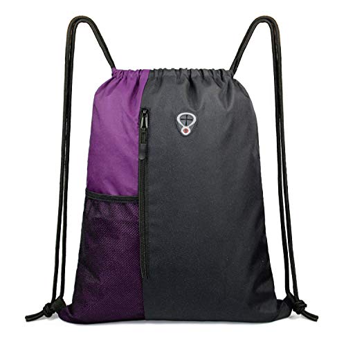 BeeGreen Purple Drawstring Backpack Sports Gym Bag for Women Men Large Cinch Sack workout Bag with Zipper and Water Bottle Mesh Pockets, 16 x 20 inch - color: Black/Purple, style: Drawstring With Mesh Pocket