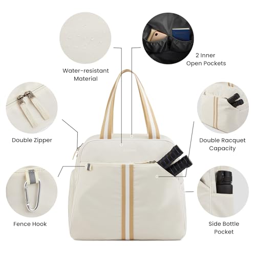 G4Free Pickleball Tote Bag for Women with Shoe Compartment, Fits 2 Paddles - color: Ivory