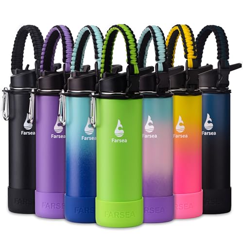 Farsea Insulated Water Bottle With Paracord Handle, Protective Boot and 2 Lids (Straw Lid & Spout Lid), Stainless Steel Water Bottle Wide Mouth, Double Wall Sweat-Proof BPA-Free, 24 oz - color: Lemon Green, size: 24 Ounces