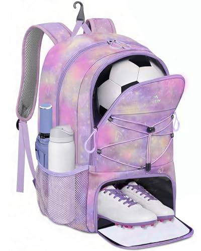 MATEIN Girls Soccer Backpack, Large Basketball Bag with Ball Holder & Shoe Compartment for Tournament & Game Day, Lightweight Youth Sports Bag with Fence Hook Fits 15.6 Inch Laptop, Soccer Team Gifts - color: Pink Purple