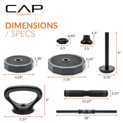 CAP Barbell Multi-Use Adjustable Weight Set - Versatile Dumbbell, Barbell & Kettlebell for Full-Body Workouts | 45lb and 66lb options - size: 66 lb Set