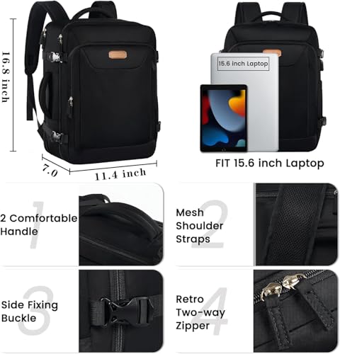 Carry on Backpack, Flight Approved Travel Backpack TSA 15.6 Inch Anti-Theft Laptop Backpack Lightweight Daypack College Weekender Overnight Bag, 16.8 * 11.4 * 7inch,Black - color: Black