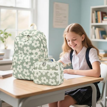 Bluboon Backpack for Girls Kids Preschool Backpack with Lunch Box Kindergarten Bookbag Toddler School Bags Set - color: Grayish Green-large Floral