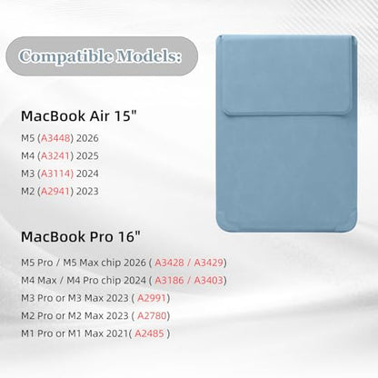 15-16 Inch Protective Laptop Sleeve Case with Stand, for MacBook Air 15" M5~M2 (2026-2023); MacBook Pro 16" M5~M1, Pro/Max(2026-2021), Matte PU Leather Laptop Case 15"-16" (Light Blue) - color: Light Blue, size: 15-16 Inch