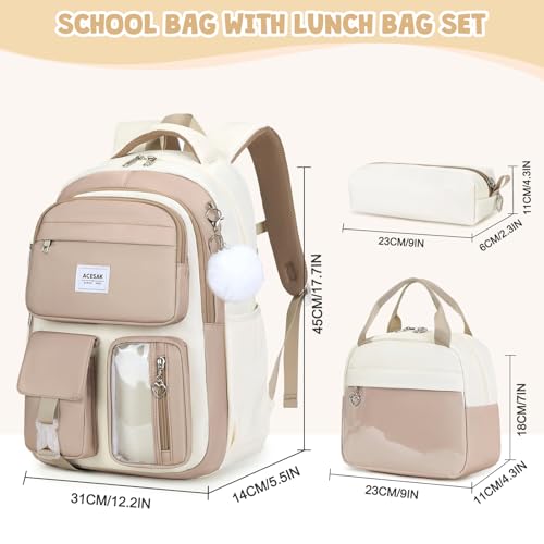ACESAK Backpack for Girls - Girls Backpack with Lunch Bag & Pencil Pouch for Teen Kids Laptop Backpack for Women, Elementary Middle High School Bookbag Travel Daypack (Khaki) - color: Khaki