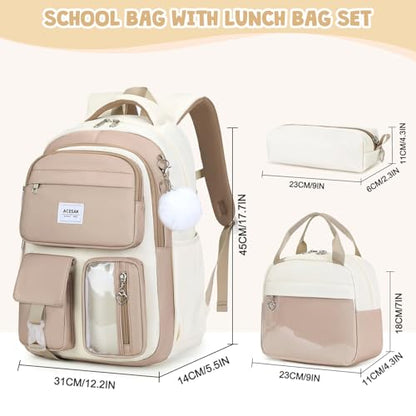 ACESAK Backpack for Girls - Girls Backpack with Lunch Bag & Pencil Pouch for Teen Kids Laptop Backpack for Women, Elementary Middle High School Bookbag Travel Daypack (Khaki) - color: Khaki