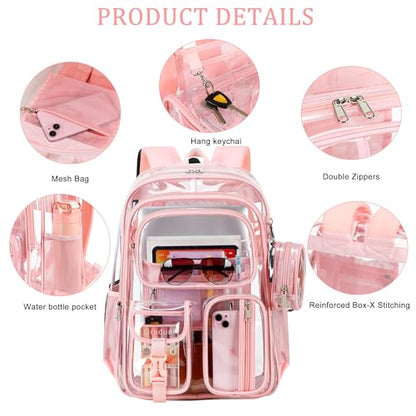 Clear Backpack for School,18 Inch Extra Large Heavy Duty Bookbag for Girls and Boys,Durable See Through PVC Transparent School Backpack for Travel(Pink) - color: Pink