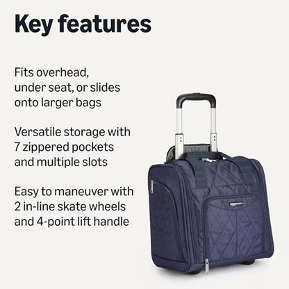 Amazon Basics Underseat Carry-On Luggage with Wheels, 14" Rolling Travel Bag, Fits Under the Seat with Multiple Pockets and Compartments, Navy Quilted - color: Navy Quilted