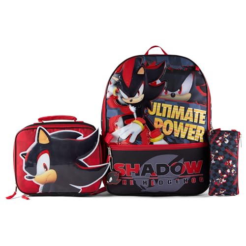 AI ACCESSORY INNOVATIONS Sonic the Hedgehog 5 PC Backpack Set for Girls & Boys, 16” Book Bag Featuring Shadow The Hedgehog, Black - color: Shadow The Hedgehog