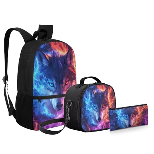 Wolf Backpack for School 3 PCS Kids Boys School Backpacks Set with Insulated Lunch Bag and Pen Bag Pencil Case Casual Daypack Book Organizers Backpack - color: Wolf Cool