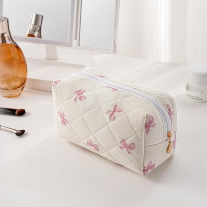 Cute Floral Makeup Bag Small Cotton Quilted Cosmetic Bag, Aesthetic Essential Bag Emergency Bag Gift for Women Girls Travel Accessories (Pink Small Bowknot) - color: A3 Pink Small Bowknot