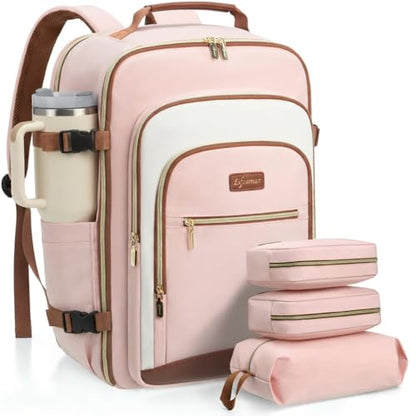 40L Travel Backpack for Women, Carry On Bag Flight Approved, Waterproof Backpack with 3 Packing Cubes, Weekender Personal Item Bag for Airplane Travel Essentials, TSA Approved - color: Light Pink-brown
