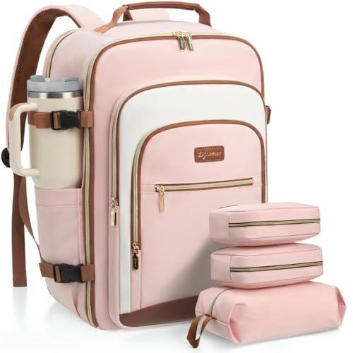 40L Travel Backpack for Women, Carry On Bag Flight Approved, Waterproof Backpack with 3 Packing Cubes, Weekender Personal Item Bag for Airplane Travel Essentials, TSA Approved - color: Light Pink-brown
