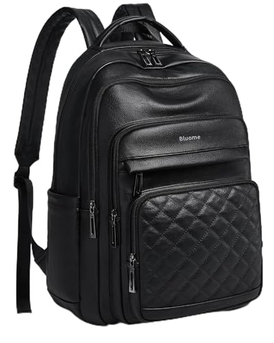 Bluome Work Backpack for Women Men, Laptop Vegan Leather Backpack Purse with 15.6–17 Inch Laptop, Multi-Pocket Bookbag for Office Travel Gym Weekend Overnight Bag, Black - color: Black