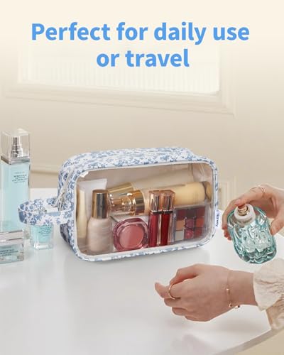 Narwey Clear Toiletry Bags for Traveling Women Men, Clear Travel Bags for Toiletries Makeup Bag Cosmetic Bag with Zipper, Make Up Organizer, Skincare Bag (Blue Flower) - color: X-Blue Flower