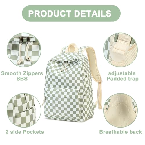 LEDAOU Backpack for Girls School Bag Kids Bookbag Teen Backpack Set Daypack with Lunch Bag and Pencil Case | Kids - color: K- Green Checkered