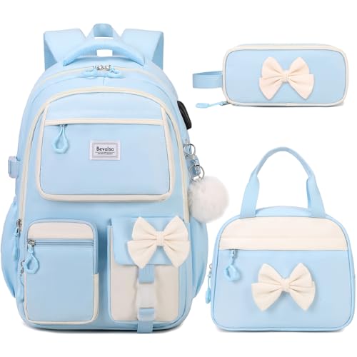 Bevalsa Backpack for Girls, Cute Bow School Bags for Kids with Lunch Bag & Pen Case, Bookbag for Girls Children Teens Elementary Middle Student, Back to School Gift with USB Charging Port - color: Blue