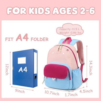 BTOOP Kids Backpack for Boys Girls 3-6, Preschool Kindergarten Backpack with Insulated Lunch Compartment & Chest Strap, Cute Lightweight School Travel Bag Fits A4 Folder - color: Pink-sky Blue, size: Age 3-6 (14.5" H Fit Folder)