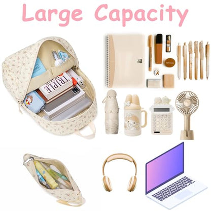 CAMTOP Girls Backpack with Lunch Box Set, Cute Bow School Backpack for Kids, 3-in-1 Lightweight Lunch Bag and Pencil Pouch - color: Flower-beige