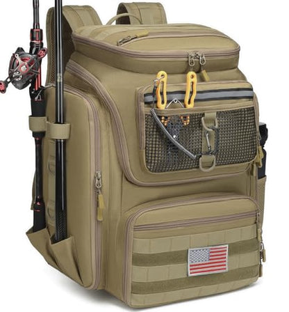 HAMBOLY Fishing Backpack 45L with Rod Holders, Water-Resistant Tackle Backpack for Fishermen, Large Capacity Fishing Gear Bag for Travel Hiking Camping - color: Brown
