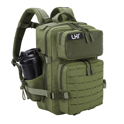 LHI Tactical Military Backpack for Men 25L/45L Large Molle Army Assault Pack 3 Day Hiking Rucksack With Bottle Holder - color: Green With Bottle Holder, size: 25L