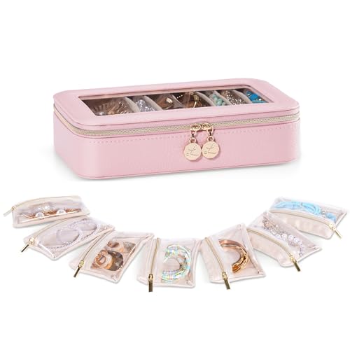 Lolalet 8 in 1 Travel Jewelry Case with Velvet Pouches, Clear Window Travel Jewelry Organizer Bags for Earrings, Bracelets, Necklaces and Rings, Compact Jewelry Storage for Women Girls -Pink, 7PCS - color: Pink, size: 1 Box + 7 Pouches