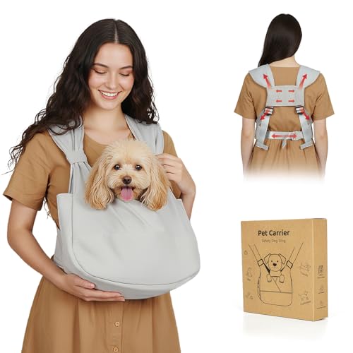 Dog Sling Carrier for Small Dogs with Bottom Support, Adjustable Pet Front Dog Carrier-Padded Straps Reducing Back Neck Pain, Anti-Anxiety Backpack for Travel Hiking Camping, Hands Free (Grey,S)