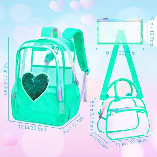 gxtvo 3PCS See Through Backpack Heavy-Duty Set for Women & Teen Girls, 17" Clear Bookbag with Rainbow Strap, Green Sequins Transparent School Bag - color: Green Sequins Clear Backpack Set