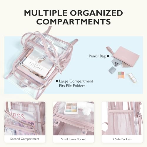 mommore Clear Backpack Heavy Duty Thick PVC Clear Bookbag for School with Pencil Bag Transparent Backpack See-Through Bag - color: Pink, style: Clear Backpack Set