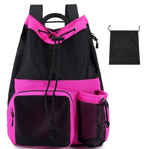 Lohol Large Mesh Drawstring Backpack with Shoe Bag, Durable Swimming String Sack with Handle for Sports Gym Yoga Beach Travel - color: Rose Pink
