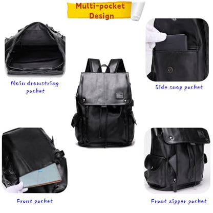 Soft leather backpack, casual PU backpack men women. USB charging port. Suitable for work, commuting, traveling, etc. Waterproof. (Black) - color: Black
