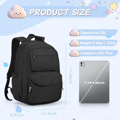 Cute Black Backpack For School Teens Girls Boys, Aesthetic Kids Elementary School Backpacks, Waterproof Middle Students Bookbag, Large Capacity Backpack For College Women Men - color: Black