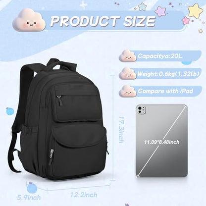 Cute Black Backpack For School Teens Girls Boys, Aesthetic Kids Elementary School Backpacks, Waterproof Middle Students Bookbag, Large Capacity Backpack For College Women Men - color: Black