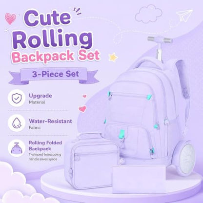 CCJPX 3Pcs Women & Girls Rolling Backpack with Bigger Wheels, Extra-Large Wheeled Bookbag with Lunch Box, Water Resistant Extra-Large Roller Luggage for Travel, Work, College (Purple) - color: Purple(upgrade Large Wheel)