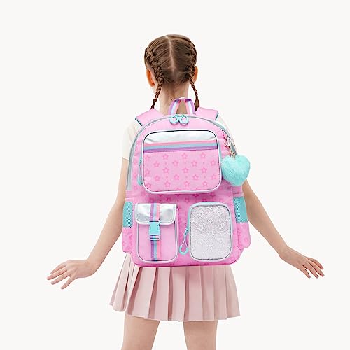 Meetbelify Pink School Backpack with Lunch Box & Pencil Case for Elementary to Teen Girls, Cute Aesthetic Kids Bookbag 8-10 - color: Star Pink 3pcs