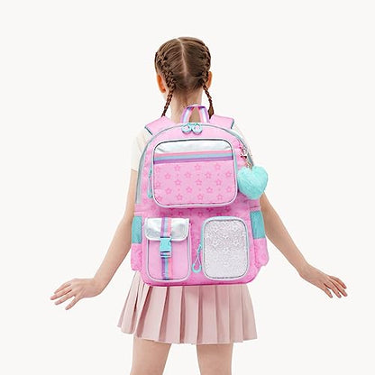 Meetbelify Pink School Backpack with Lunch Box & Pencil Case for Elementary to Teen Girls, Cute Aesthetic Kids Bookbag 8-10 - color: Star Pink 3pcs