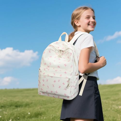 LEDAOU Kids Backpack for Girls Boys Preschool Kindergarten Elementary School Bookbag Toddler School Bag with Chest Strap - color: Pink Bow-beige