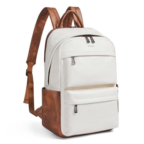 Vegan Leather Backpack for Women and Men, Fits 16.0 Inch Laptop, Multi-Pocket Design with Water Bottle and Luggage Strap, Ideal for Work, Travel, and Daily Use, Beige - color: 3-1 Beige