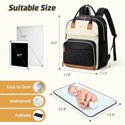 Diaper Bag Backpack - Extra Large Diaper Backpack for 2 Kids Twin, Travel Baby Bags for Mom Dad 25-37L Expandable with Changing Pad, Quilted Beige Black - color: Quilted_beige Black