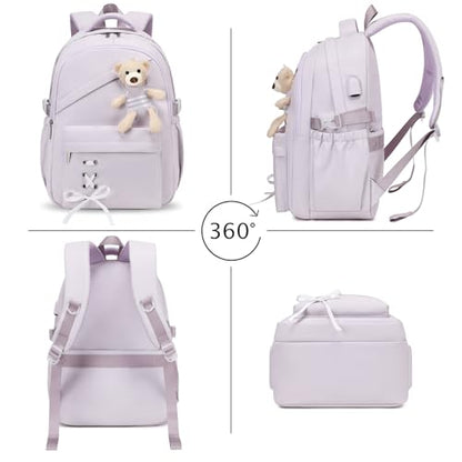 ACESAK School Backpack for Girls - 3 PCS Cute Girls Backpack with Lunch Box & Pencil Case - Kawaii Casual Kids Bookbag School Bag Daypacks Set for Elementary Middle High School Student Teens (Purple) - color: Purple
