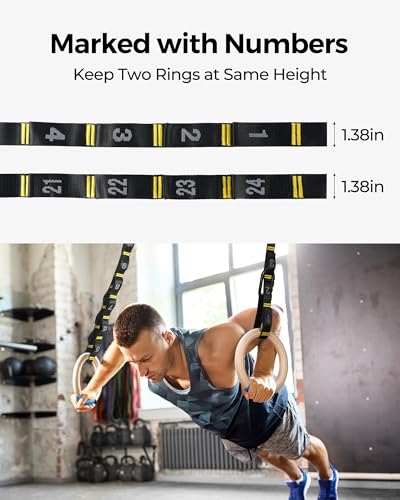 PACEARTH Gymnastics Rings 32mm Wooden Olympic Rings Support 1500lbs Locked Carabiners 9ft Double-Layer Numbered Straps Non-Slip Gym Rings with Foot Straps Door Anchor for Home Gym Full Body Workout - style: 1.25" Carabiners Rings & Daisy Chains Straps & D