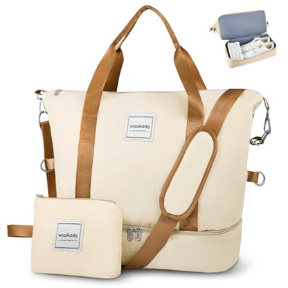 WOOMADA Weekender Bag for Women, Travel Duffel Bags with Shoe Compartment & Wet Pocket, Personal Item Bag for Airlines - color: Beige&brown