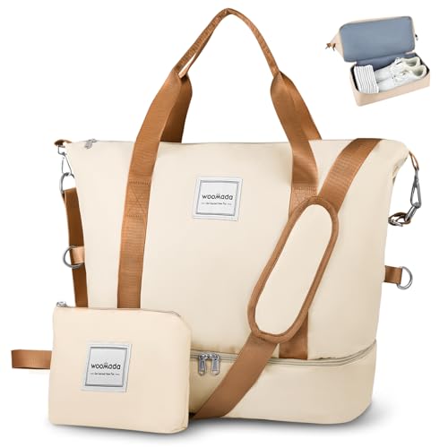 WOOMADA Weekender Bag for Women, Travel Duffel Bags with Shoe Compartment & Wet Pocket, Personal Item Bag for Airlines - color: Beige&brown