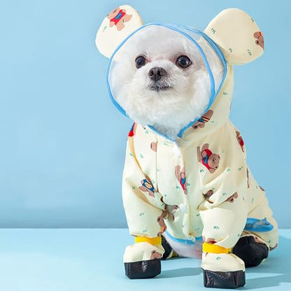 Junchl Small Dog Raincoat Rainboots with D-Ring, Full Coverage Dog Rain Jacket Slicker Poncho, Waterproof Dog Rain Jacket with Reflective Strip, Rainboot, Tail Cover Blue Bear XS - color: Blue Bear, size: XS:Back 8"(1-2lb)
