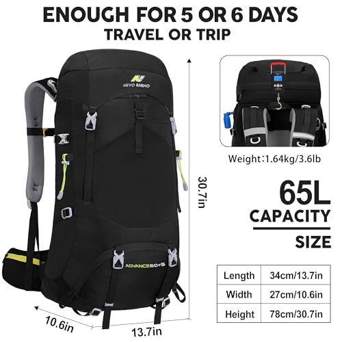 N NEVO RHINO Internal Frame Hiking Backpack 50/60/65/70/80L, Mountain Climbing Camping Backpack Daypack Waterproof Rain Cover | Mountain Climbing - color: 10 Black, size: 60+5L