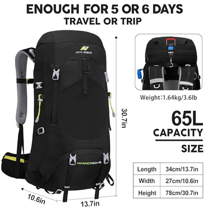 N NEVO RHINO Internal Frame Hiking Backpack 50/60/65/70/80L, Mountain Climbing Camping Backpack Daypack Waterproof Rain Cover | Mountain Climbing - color: 10 Black, size: 60+5L