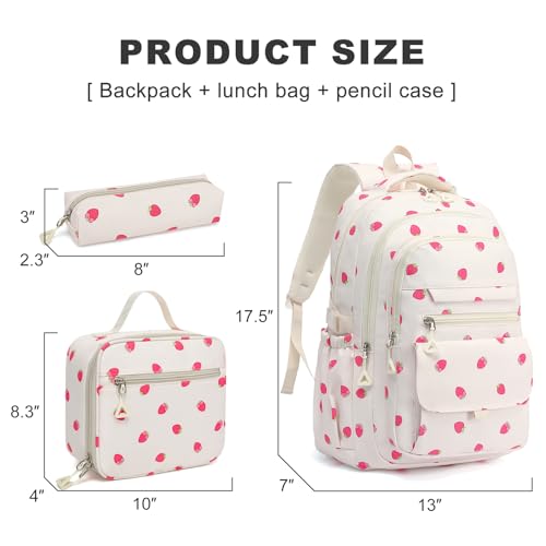 Phaoullzon Teen Girls School Backpack with Lunch Box for Boys, College Aesthetic Laptop Bookbag for Women - color: Strawberry