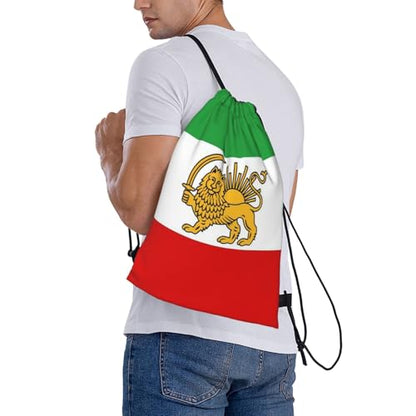 Emblem Of Iran Lion And Sun Flag Of Iran Striped Drawstring Bag Sport Gym Backpack Beach Travel Sack Draw String Yoga Bag For Men Women - color: Emblem of Iran Lion and Sun Flag of Iran Striped